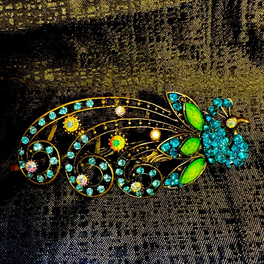 Womens Hair Clip Peacock Blue Rhinestones Iridescent accents Antique Bronze Tone